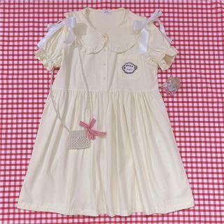 Short-sleeve Cartoon Embroidered Frill Trim A-line Dress