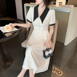 Short-sleeve V-neck Collar Midi A-line Dress