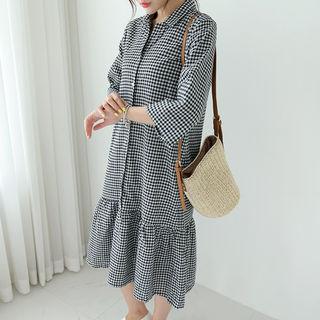 Open-placket Gingham Midi Shirtdress