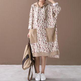 Floral Print Corduroy Hoodie Dress