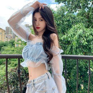 Long Sleeve Off-shoulder Ruffled Mesh Cropped Top Sky Blue - One Size
