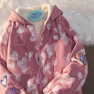 Heart Print Fleece-lined Zip-up Hoodie