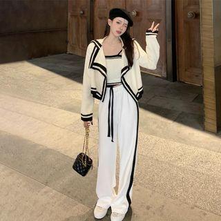 Contrast Trim Cardigan / Cropped Camisole Top / Wide Leg Pants / Set