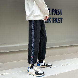 Print Panel Drawstring-cuff Straight-leg Jeans