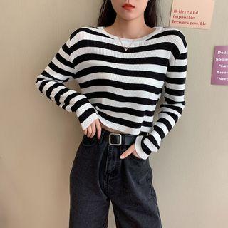 Long-sleeve Round-neck Striped Cropped Knit Top