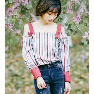 Off-shoulder Strap Pinstripe Top