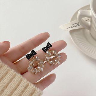 Bow Drop Earring 1 Pair - Silver Needle - White Faux Crystal - Bow - Black - One Size