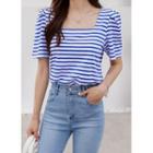 Puff-sleeve Square-neck Stripe T-shirt