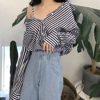 Striped Off-shoulder Button-up  Shirt Stripe - One Size