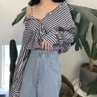 Striped Off-shoulder Button-up  Shirt Stripe - One Size