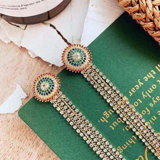 Rhinestone Fringed Earring 1 Pair - 925 Silver - Gold - One Size