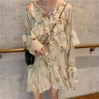 Ruffle Floral Print Long-sleeve Mini A-line Dress Almond - One Size