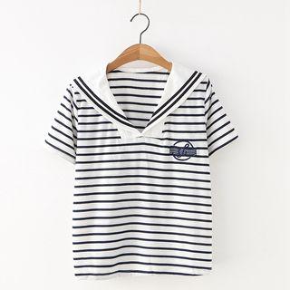 Sailor Collar Striped Short-sleeve T-shirt As Shown In Figure - One Size