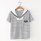 Sailor Collar Striped Short-sleeve T-shirt As Shown In Figure - One Size