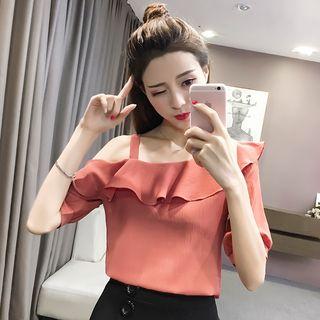 Asymmetric Shoulder Ruffle Chiffon Top