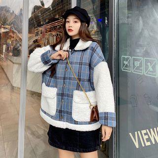 Faux Shearling Plaid-panel Buttoned Jacket