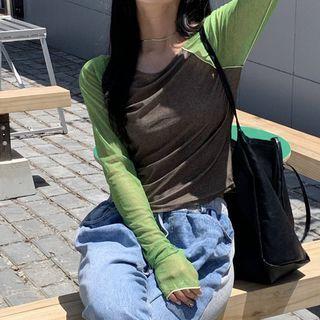 Two-tone Long-sleeve T-shirt Green & Brown - One Size