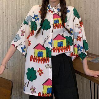 Elbow-sleeve Print Shirt Multicolor Print - White - One Size
