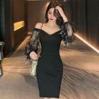 Mesh-sleeve Sequin Cold Shoulder Mini Sheath Dress