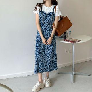 Spaghetti Strap Leopard Print Midi A-line Dress Leopard - Blue - One Size