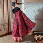 Fluffy Trim Hooded Jacquard Cape Red - One Size