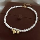 Heart Pendant Freshwater Pearl Necklace White & Gold - One Size