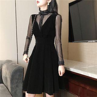 Tie-neck Mesh Blouse/ V-neck Pinafore Dress