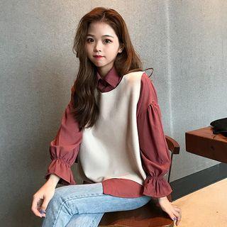 Set: Puff-sleeve Blouse + Plain Vest