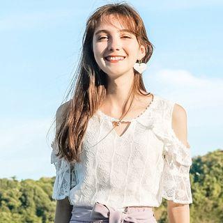 Shoulder Cut Out Short-sleeve Lace Top