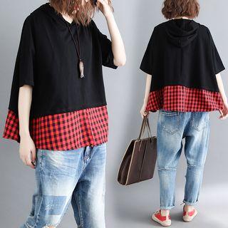 Elbow-sleeve Plaid Panel Hoodie