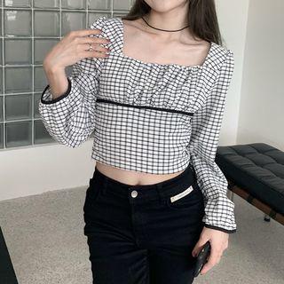 Square-neck Plaid Long-sleeve Cropped Shirt