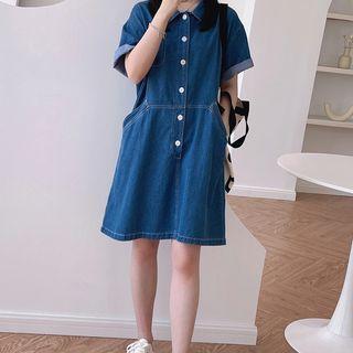 Polo Collar Short-sleeve Denim Dress Blue - One Size