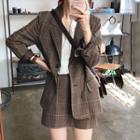 Lapel Plaid Blazer + High-waist A-line Mini Skirt