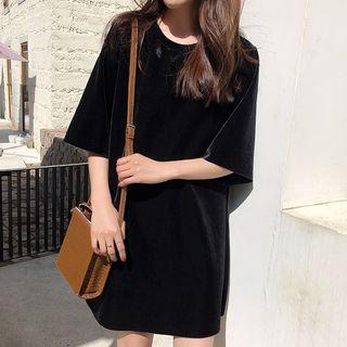 Elbow-sleeve Velvet Mini T-shirt Dress