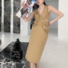 Sleeveless Shirred Cutout Midi A-line Dress