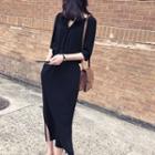 Elbow-sleeve Gathered Waist Midi Chiffon Shirtdress