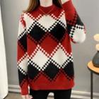 Mock-neck Color Block Argyle Sweater