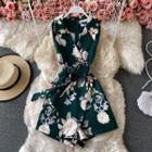 Sleeveless Floral Print Playsuit With Sash