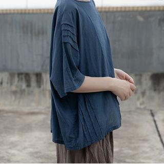 Elbow-sleeve Plain Blouse Indigo - One Size