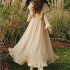 Long-sleeve Check Ruffled Tie-neck Midi A-line Dress