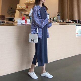 Set: Plaid Shirt Jacket + Sleeveless Midi Dress
