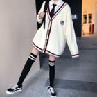 Long-sleeve Contrast-trim Long Cardigan / Plain Long-sleeve Shirt With Tie