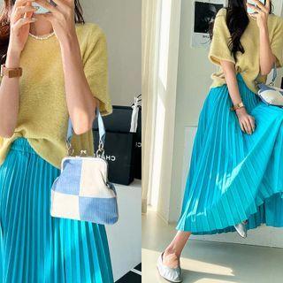 Short-sleeve Keyhole-back Knit Top Yellow - One Size