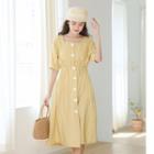 Short-sleeve Square Neck Buttoned A-line Dress
