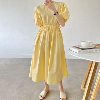 Puff Sleeve Drawstring Plain Dress