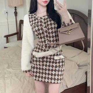 Set: Argyle Button-up Jacket + Mini Skirt