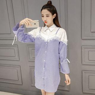 Pinstripe Mock Two-piece Long-sleeve Shirtdress