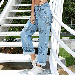 Dragon Print Straight Leg Jeans