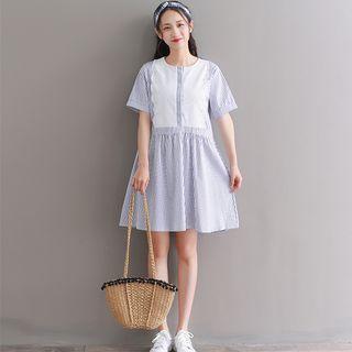 Short-sleeve Lace Panel Striped Dress