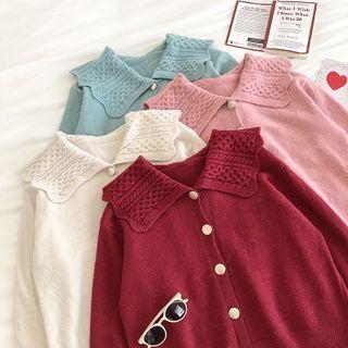 Plain Peter-pan Collar Long-sleeve Cable-knit Cardigan